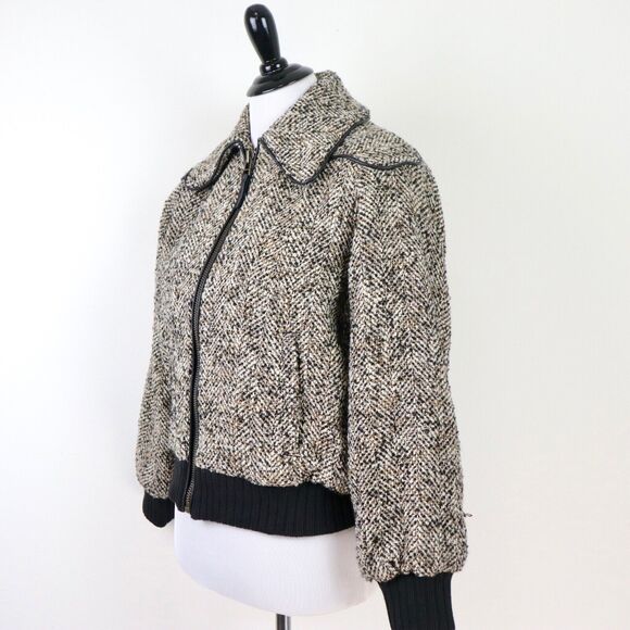 Joie Size S Reille Cotton Wool Blend Bomber Jacket Tweed Caviar Tan - Picture 3 of 11